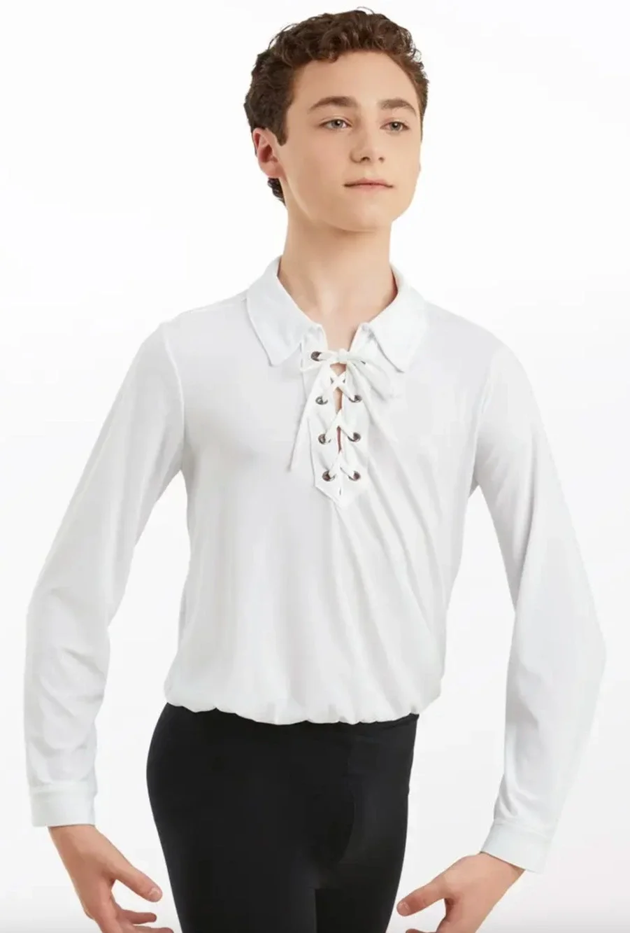 White Long Sleeve Lace Up Ballet Shirt White Attatched Trunks Childs Boys Medium